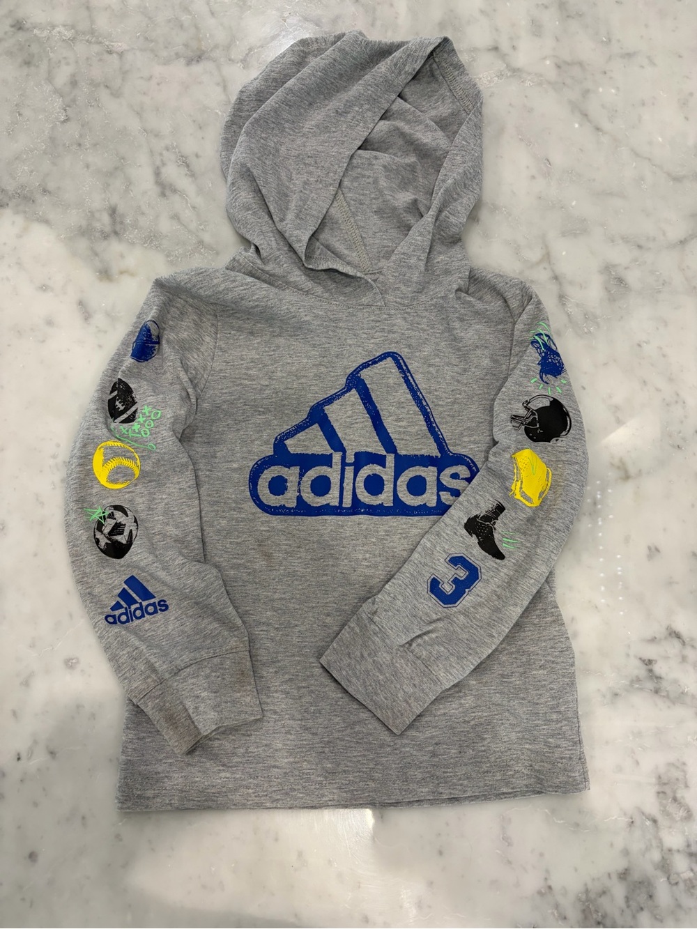 adidas Gray Hoodie with Blue Logo and Multicolor Sleeve Graphics